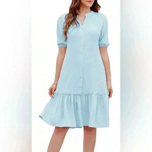 NWT GRACE KARIN V Neck Button Down Dress Shirt Roll Sleeve Ruffle Tiered Dresses